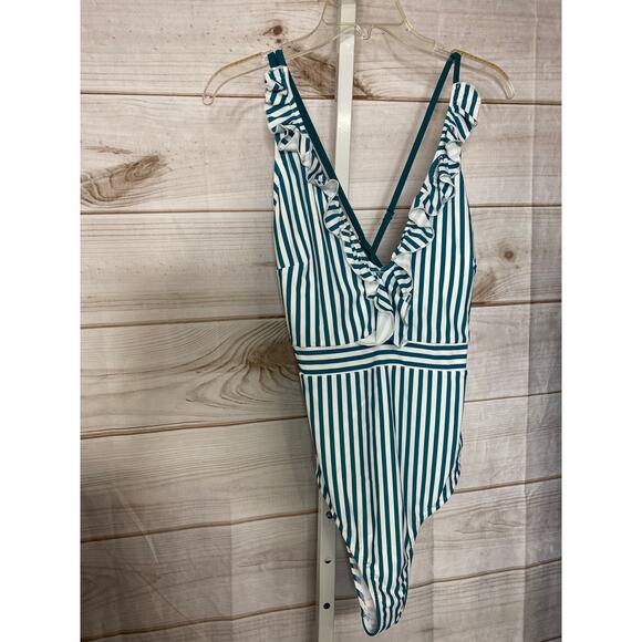 Cupshe Size XXL Green White Stripe Ruffle One Piece Swimsuit Nautical Sailor NWT - Picture 2 of 6
